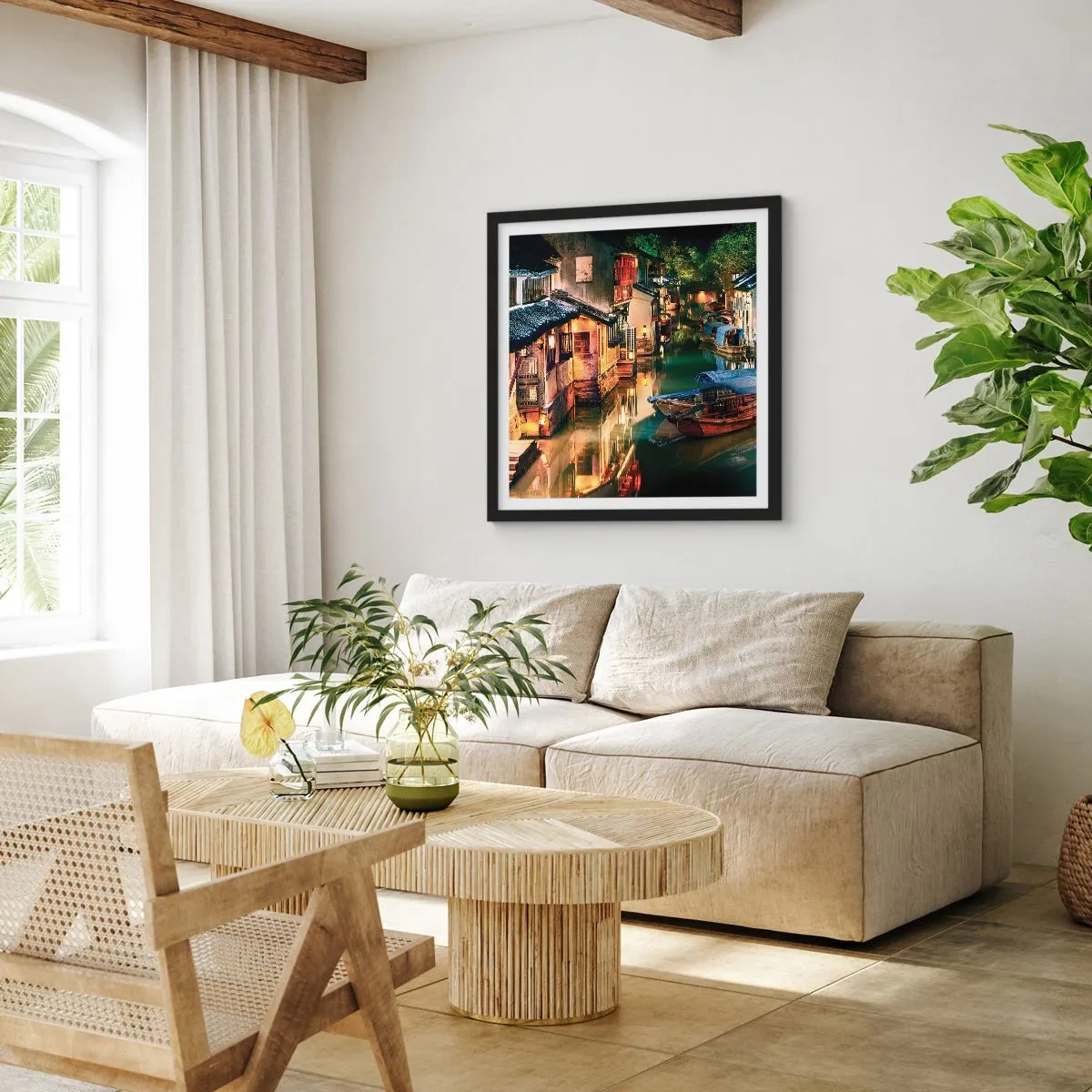 Poster in cornice nera - Sera in una via cinese - 50x50 cm