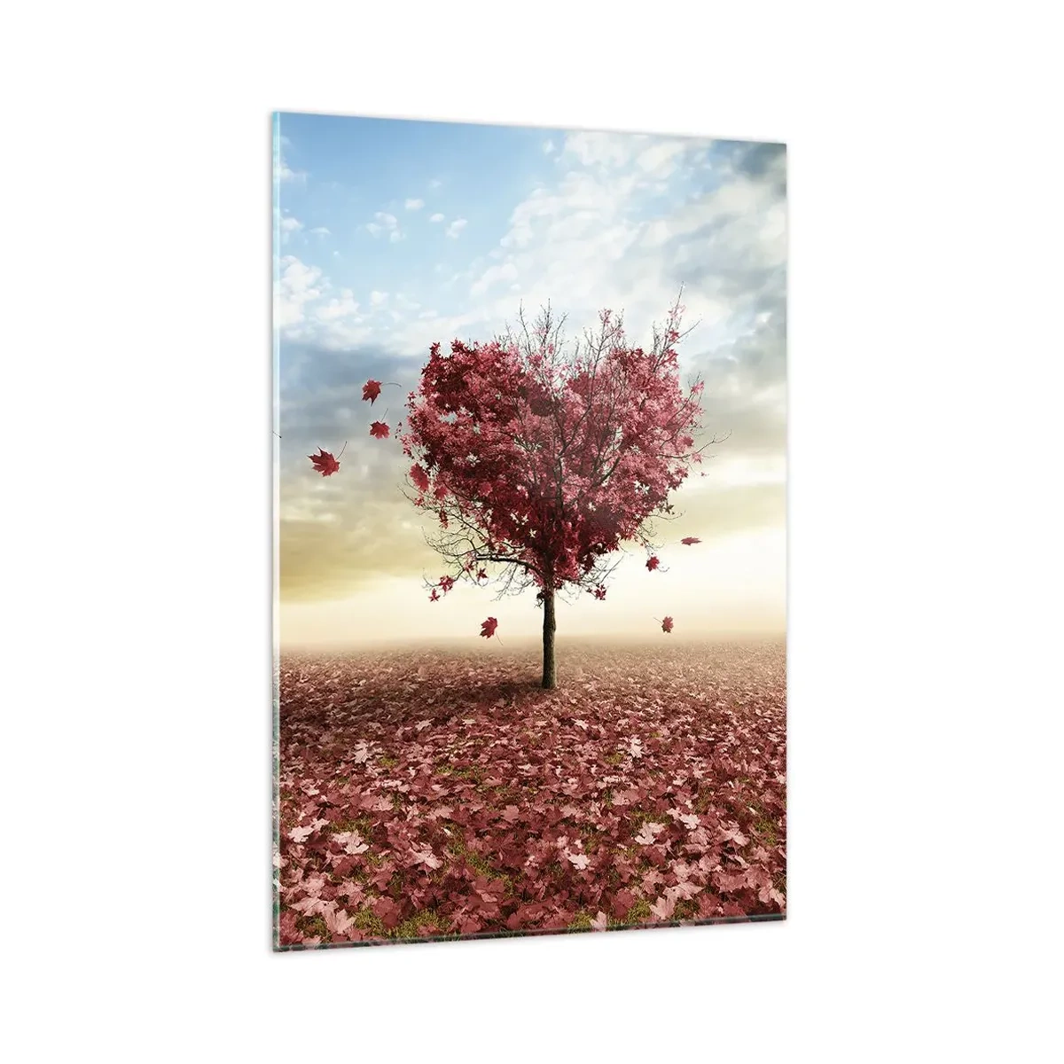 Quadro su vetro - Un albero solitario a forma di cuore in un campo di foglie rosse - 80x120cm - Ama questo autunno - Decorazione murale moderna per soggiorno e camera da letto ARTTOR