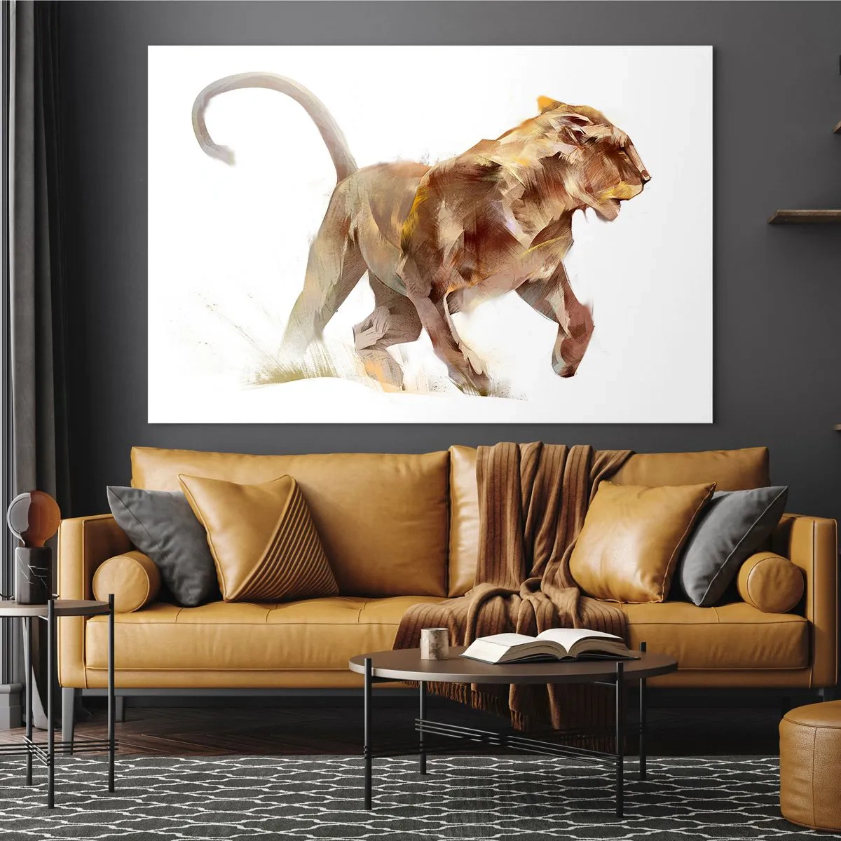 Quadro su vetro - Silhouette dinamica di un leone in stile artistico su sfondo bianco - 70x50cm - Grazia selvatica - Decorazione murale moderna per soggiorno e camera da letto ARTTOR
