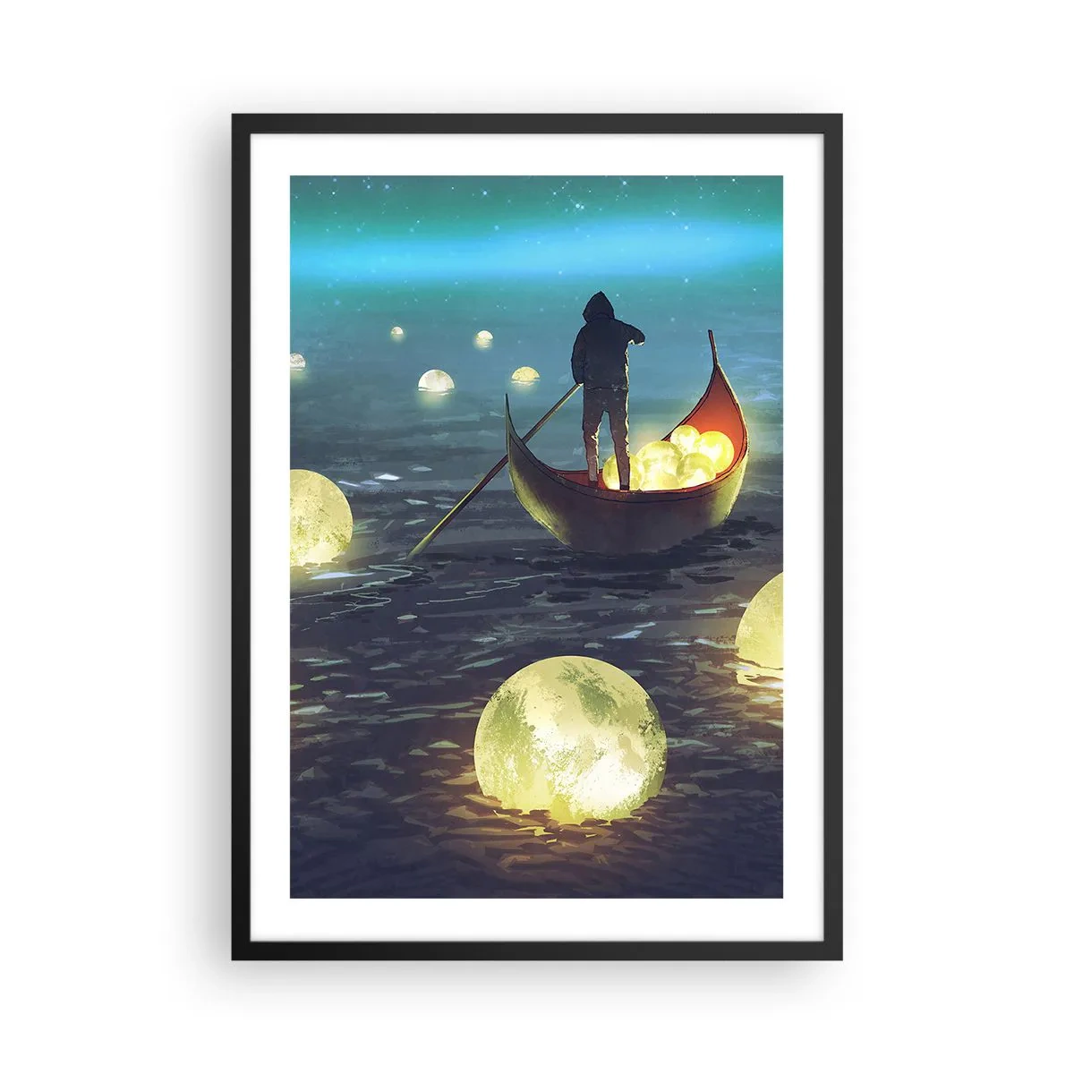 Poster in cornice nera - Una figura su una barca circondata da sfere luminose sull'acqua - 50x70cm - Cose che neanche i filosofi hanno sognato - Decorazione murale moderna per soggiorno e camera da letto ARTTOR