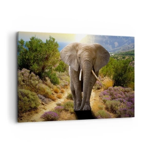 Quadro su tela - Stampe su Tela - Un elefante africano sullo sfondo di una savana e di un paesaggio montuoso - 120x80cm - Così era il paradiso - Decorazione murale moderna per soggiorno e camera da letto ARTTOR
