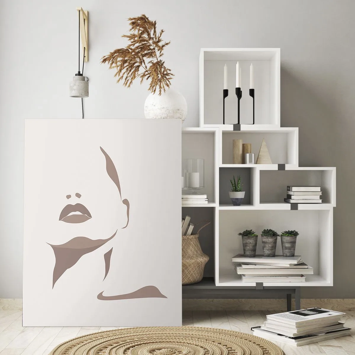 Quadro su vetro - Contorno minimalista del viso di una donna in delicati toni beige - 70x100cm - Fatta di luce e ombra - Decorazione murale moderna per soggiorno e camera da letto ARTTOR