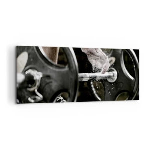 Quadro su tela - Stampe su Tela - Manubri e mani di un atleta che si preparano per l'allenamento - 120x50cm - Sfida accettata! - Decorazione murale moderna per soggiorno e camera da letto ARTTOR