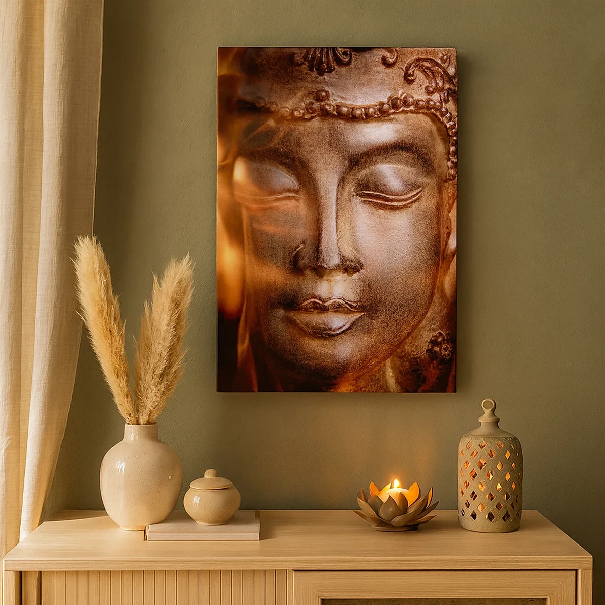 Quadro su tela - Stampe su Tela - Una statua del Buddha tra fiamme dai riflessi dorati - 50x70cm - Esiste solo qui e ora - Decorazione murale moderna per soggiorno e camera da letto ARTTOR