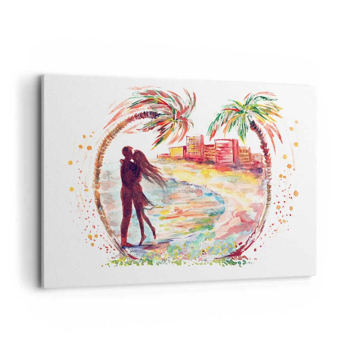 Quadro su tela - Stampe su Tela - Scena romantica di coppia su una spiaggia con palme in acquerello - 120x80cm - Vacanze romantiche - Decorazione murale moderna per soggiorno e camera da letto ARTTOR
