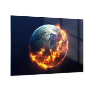 Quadro su vetro - La Terra circondata dalle fiamme nello spazio - 100x70cm - Le fiamme dell'apocalisse - Decorazione murale moderna per soggiorno e camera da letto ARTTOR