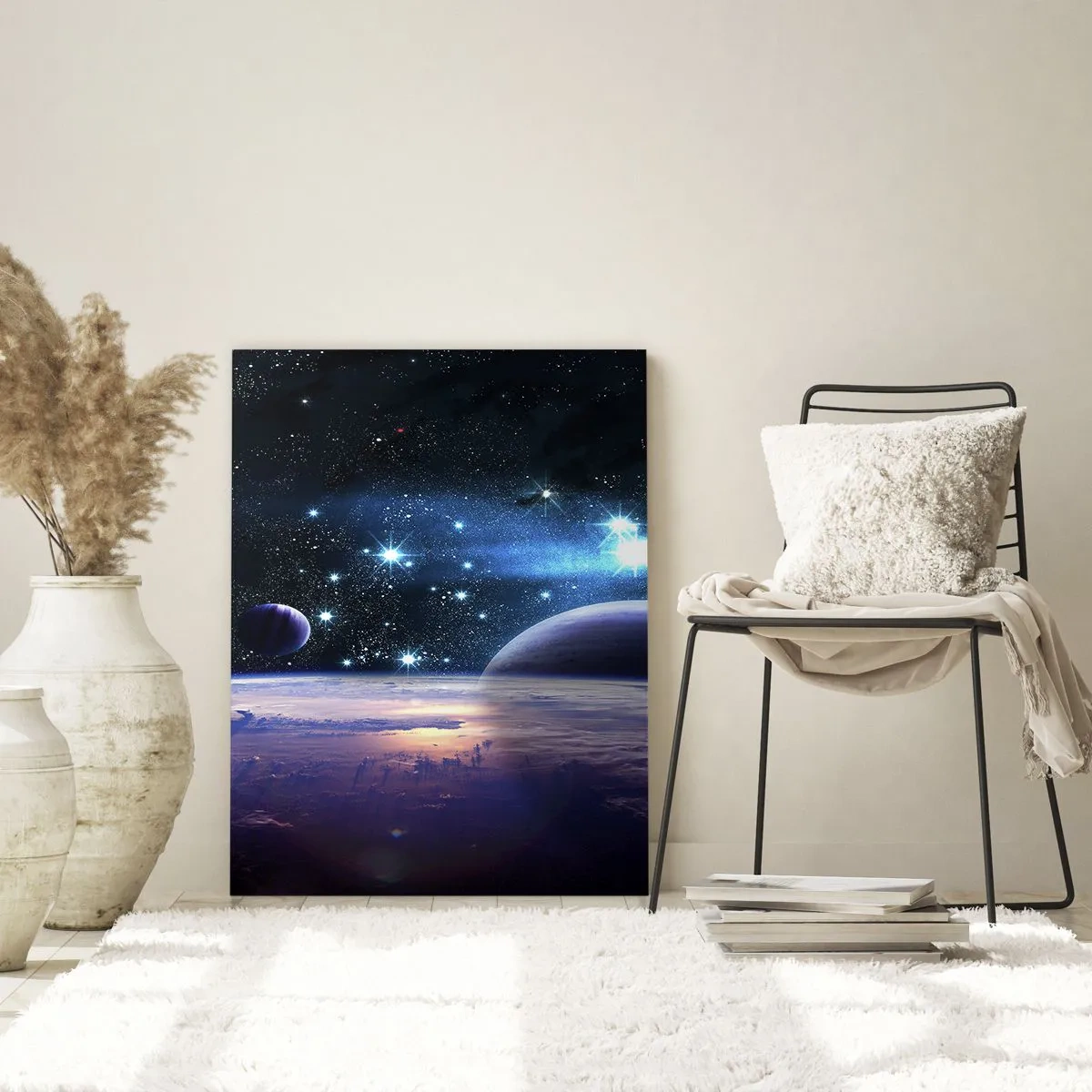 Quadro su vetro - Un paesaggio spaziale con pianeti e stelle sullo sfondo di una galassia. - 50x70cm - Sempre da soli? - Decorazione murale moderna per soggiorno e camera da letto ARTTOR