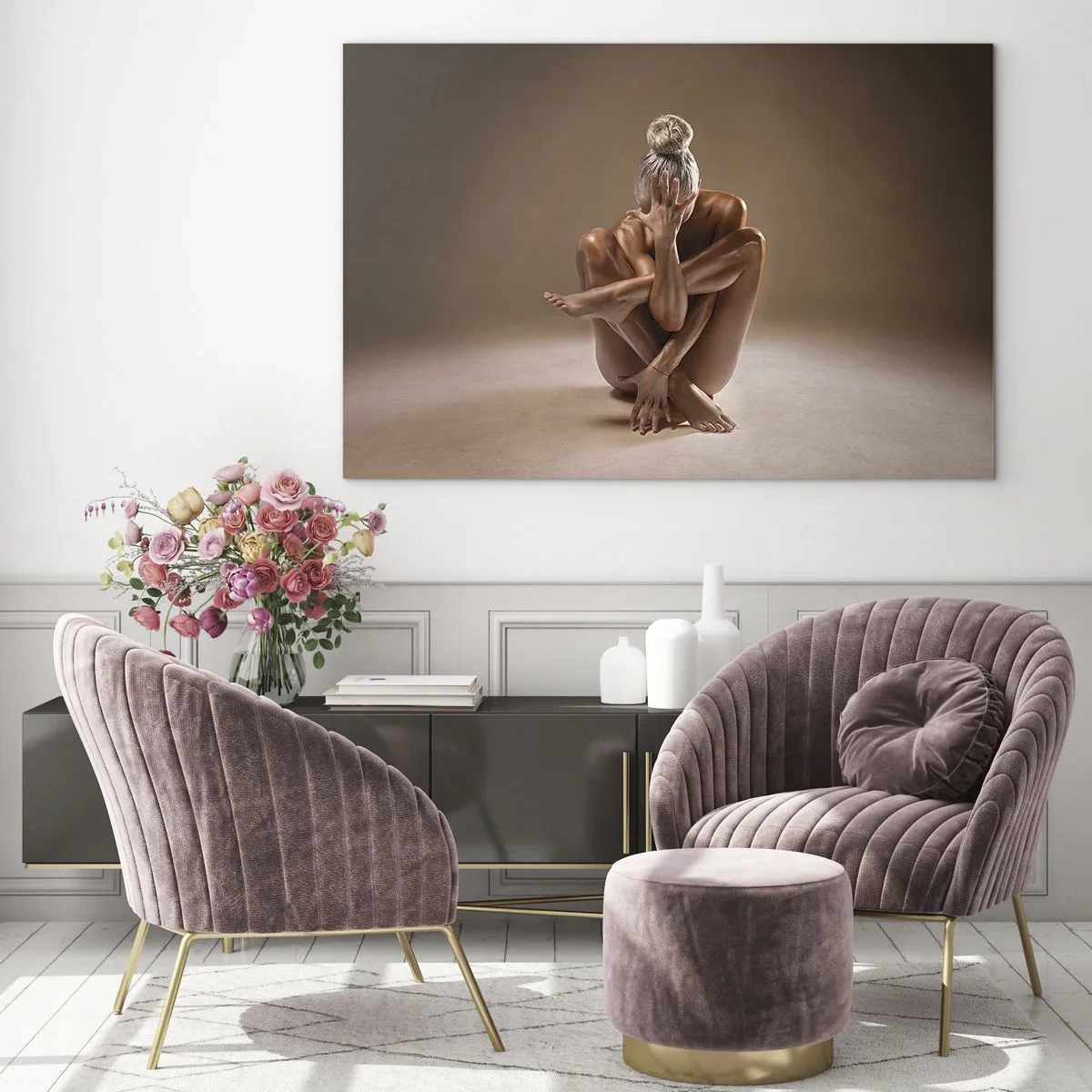 Quadro su vetro - Una donna sensuale in una posa artistica su uno sfondo in ombra. - 70x50cm - Unità di corpo e anima - Decorazione murale moderna per soggiorno e camera da letto ARTTOR