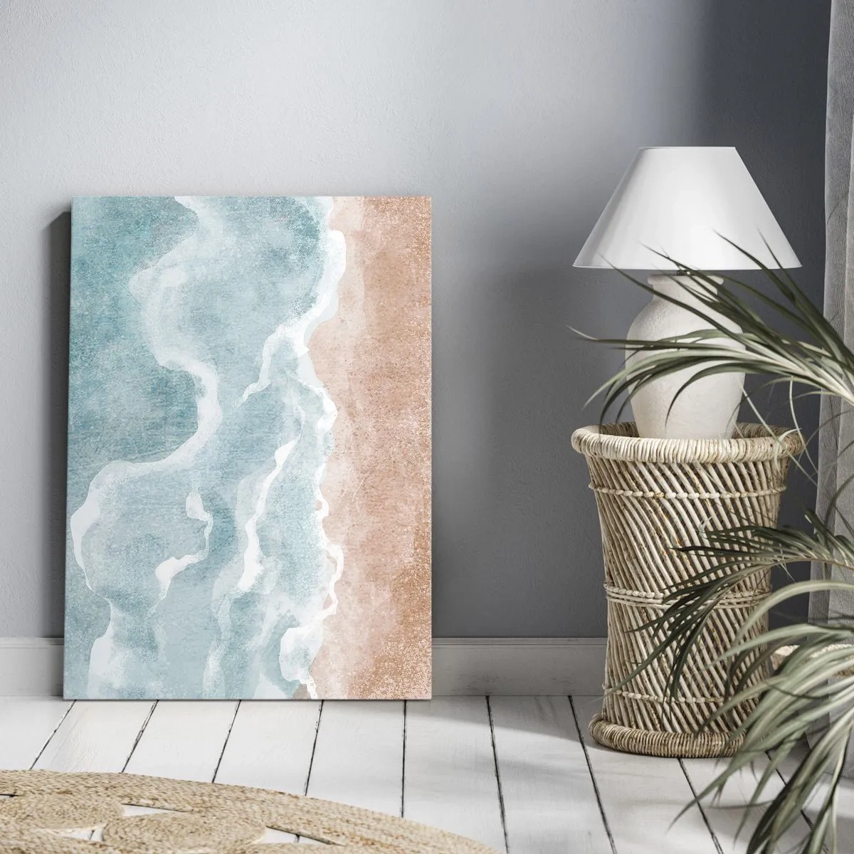 Quadro su tela - Stampe su Tela - Spiaggia astratta con onde nei toni del blu e del beige - 70x100cm - Astrazione nebulosa - Decorazione murale moderna per soggiorno e camera da letto ARTTOR