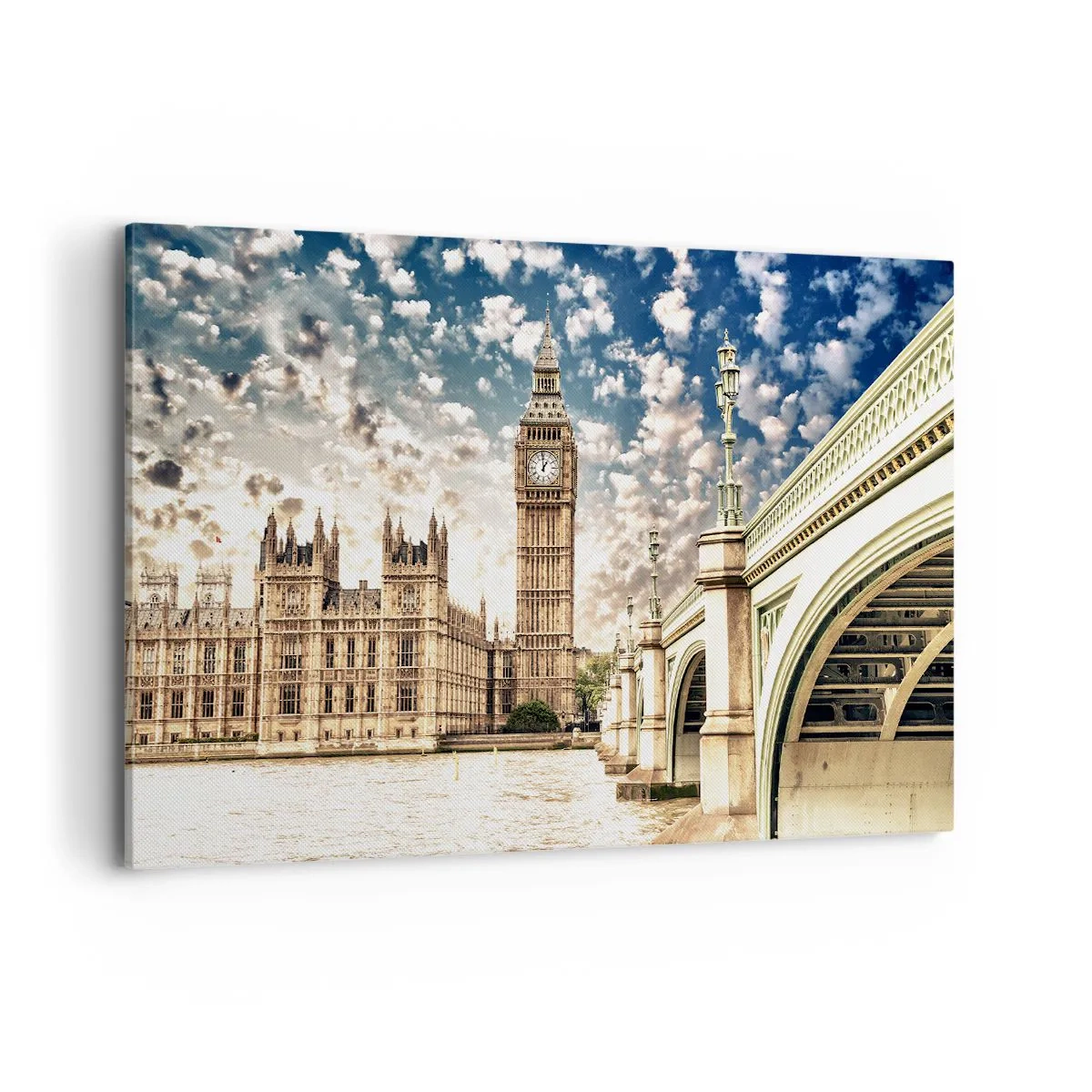 Quadro su tela - Stampe su Tela - Il Big Ben e il ponte di Westminster illuminati dal sole a Londra - 120x80cm - Cirri sul Tamigi - Decorazione murale moderna per soggiorno e camera da letto ARTTOR