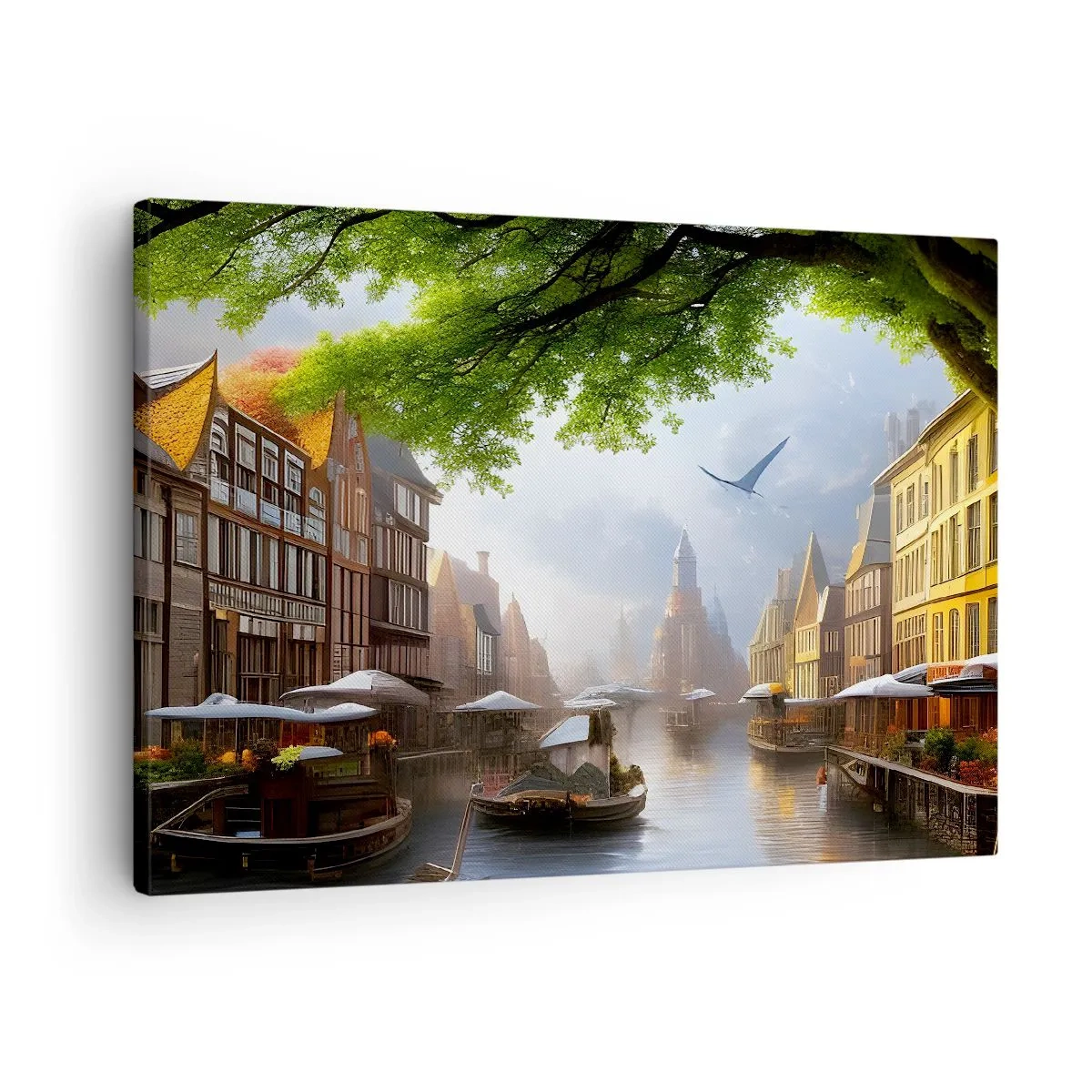 Quadro su tela - Stampe su Tela - Un pittoresco paesaggio olandese con un canale e case popolari - 70x50cm - Paesaggio urbano olandese - Decorazione murale moderna per soggiorno e camera da letto ARTTOR