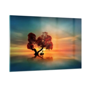 Quadro su vetro - Un albero con foglie rosse sullo sfondo del tramonto - 120x80cm - Gli esiliati e il silenzio fuori dal mondo - Decorazione murale moderna per soggiorno e camera da letto ARTTOR
