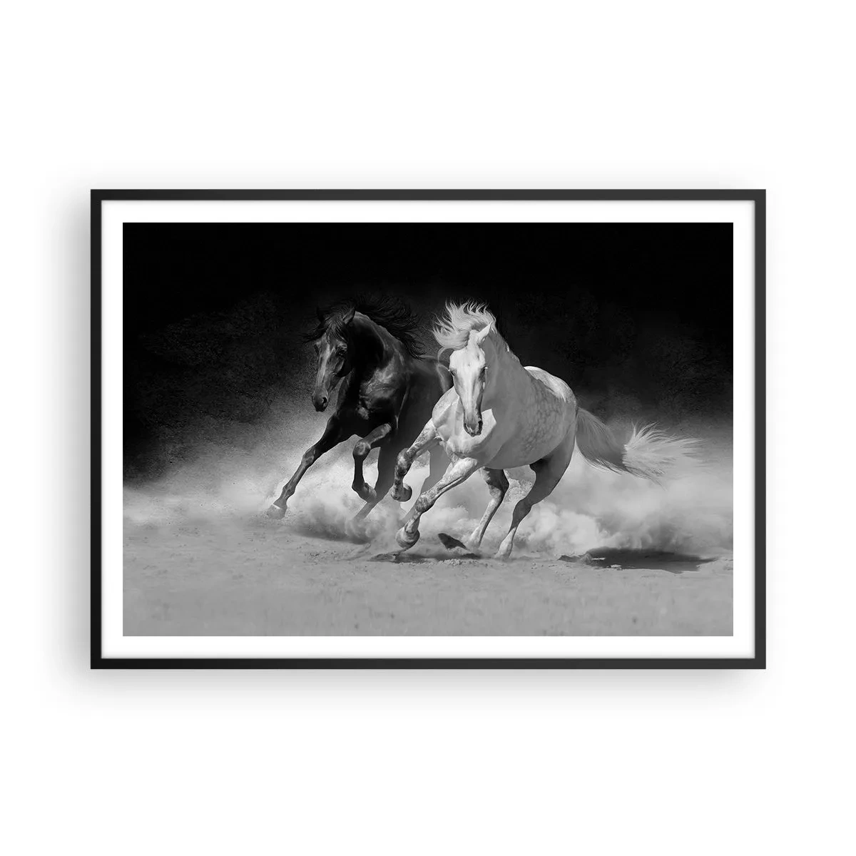 Poster in cornice nera - Cavalli in corsa in bianco e nero - 100x70cm - Il galoppo della libertà - Decorazione murale moderna per soggiorno e camera da letto ARTTOR