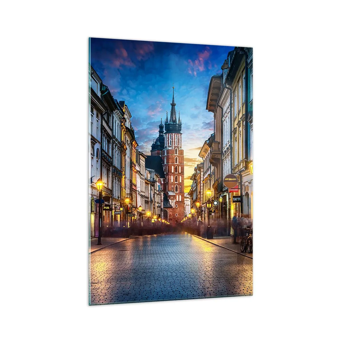 Quadro su vetro - Strada serale con vista sulla Cattedrale di Cracovia - 70x100cm - La magia di Cracovia - Decorazione murale moderna per soggiorno e camera da letto ARTTOR