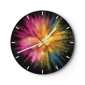 Orologio da parete - Orologio in Vetro - Un orologio da parete a forma di orologio rotondo su vetro con l'effetto di un'esplosione di polvere colorata nelle tonalità del rosa, del giallo e del blu su uno sfondo nero. - 30x30cm - La nascita dei colori
