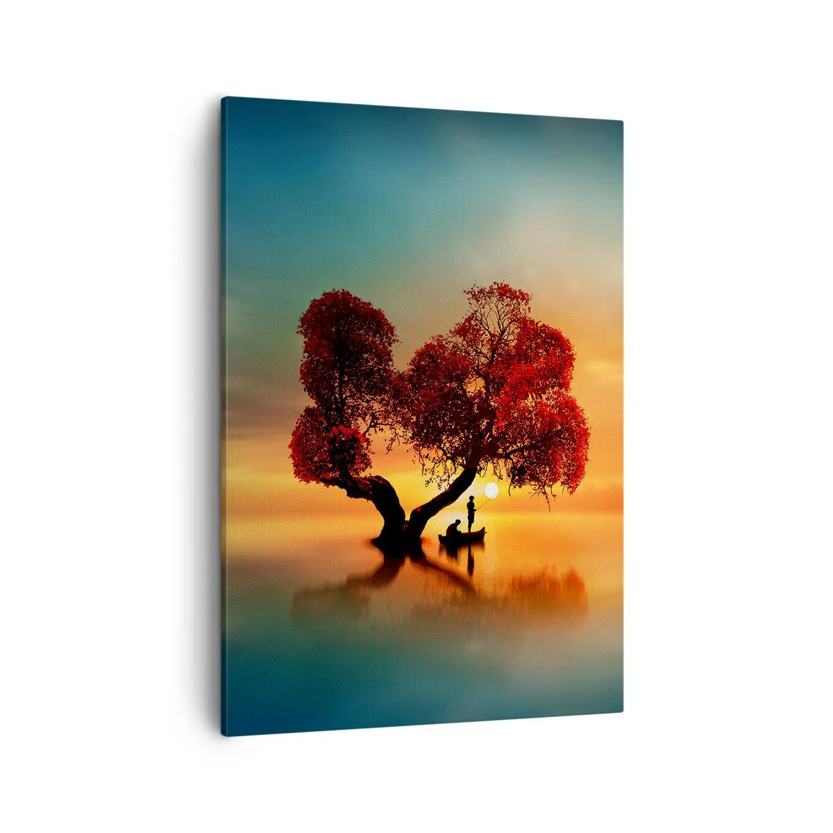 Quadro su tela - Stampe su Tela - Un albero dalle foglie rosse e una barca sull'acqua al tramonto - 50x70cm - Gli esiliati e il silenzio fuori dal mondo - Decorazione murale moderna per soggiorno e camera da letto ARTTOR