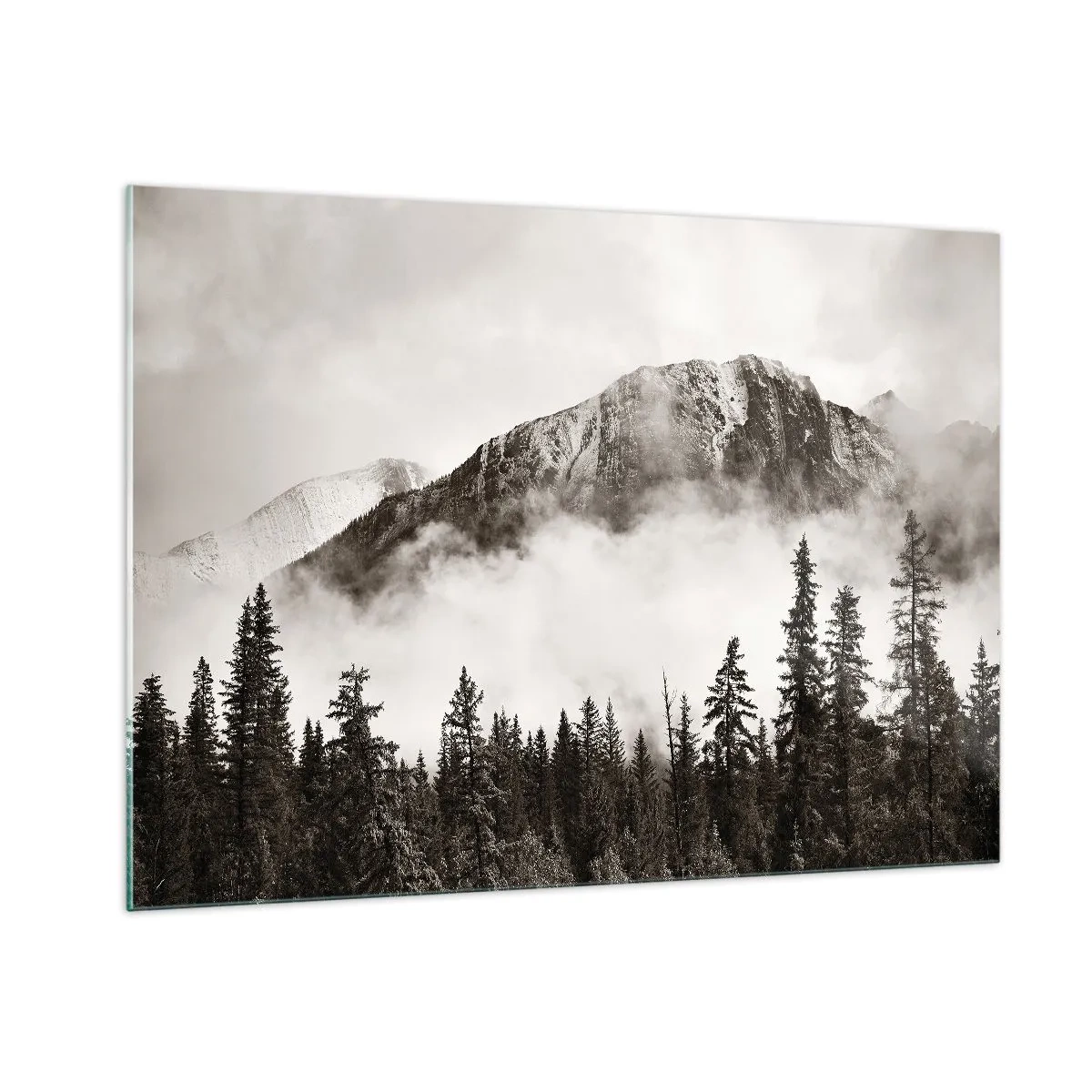 Quadro su vetro - Paesaggio montano con foresta e nebbia nei toni seppia - 100x70cm - Il sovrano di granito - Decorazione murale moderna per soggiorno e camera da letto ARTTOR