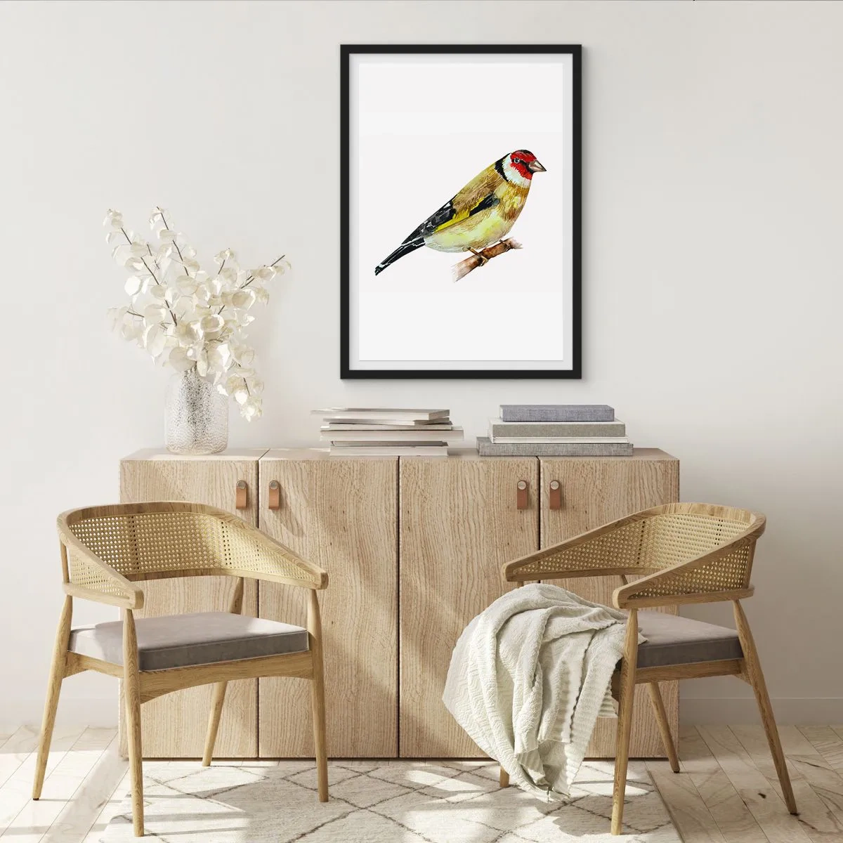 Poster in cornice nera - Cardellino su un ramo in stile acquerello - 50x70cm - Ritratto di uccello - Decorazione murale moderna per soggiorno e camera da letto ARTTOR