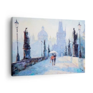 Quadro su tela - Stampe su Tela - Coppia romantica su un ponte sotto la pioggia, una scena pittorica - 70x50cm - La pioggia ci ha incantati - Decorazione murale moderna per soggiorno e camera da letto ARTTOR