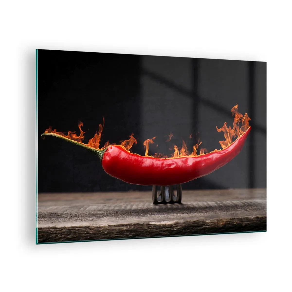 Quadro su vetro - Peperoncino rosso bruciante su sfondo nero - 70x50cm - Stuzzichino infuocato - Decorazione murale moderna per soggiorno e camera da letto ARTTOR