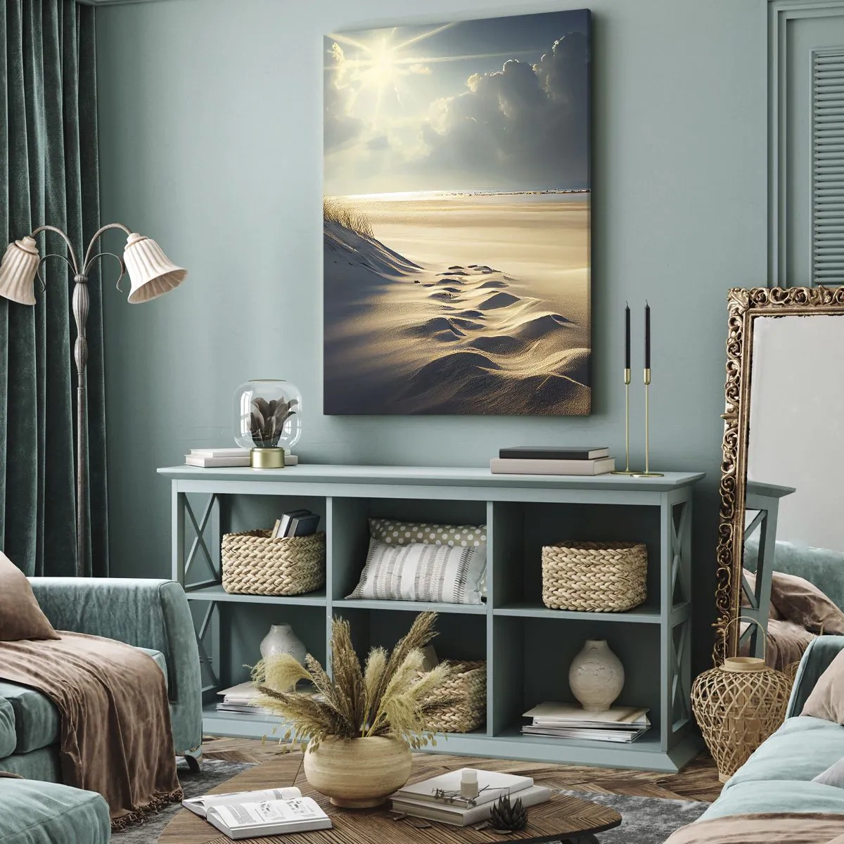Quadro su tela - Stampe su Tela - Dune dorate sulla spiaggia al tramonto con vista sul mare - 50x70cm - Paesaggio rilassante - Decorazione murale moderna per soggiorno e camera da letto ARTTOR