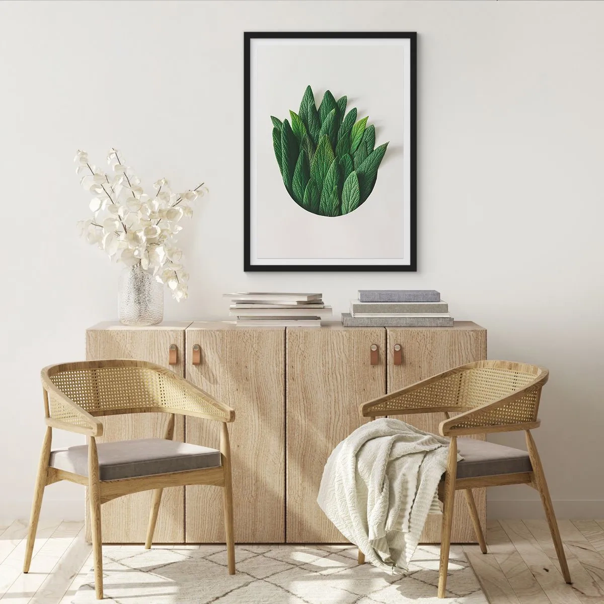 Poster in cornice nera - Foglie in una composizione artistica su sfondo bianco - 50x70cm - Curiosità irrefrenabile - Decorazione murale moderna per soggiorno e camera da letto ARTTOR
