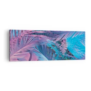 Quadro su tela - Stampe su Tela - Foglie tropicali nelle tonalità del rosa e del blu - 140x50cm - Tropici in rosa e blu - Decorazione murale moderna per soggiorno e camera da letto ARTTOR