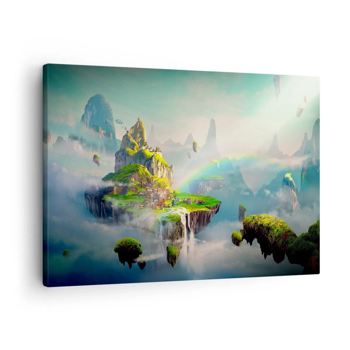 Quadro su tela - Stampe su Tela - Isole volanti tra le nuvole con un arcobaleno all'orizzonte - 70x50cm - In mezzo al cielo: isole fortunate - Decorazione murale moderna per soggiorno e camera da letto ARTTOR