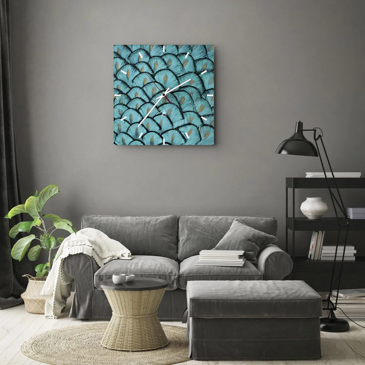 Orologio da parete - Orologio in Vetro - Un motivo che ricorda le squame turchesi con accenti dorati - 30x30cm - La grande festa delle piume - Decorazione murale moderna per soggiorno e camera da letto ARTTOR