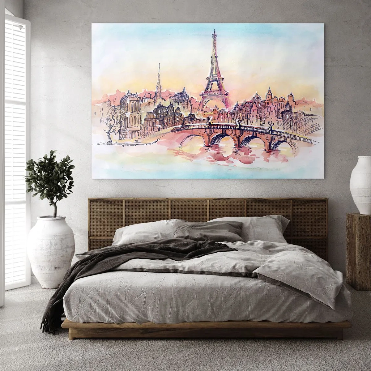 Quadro su vetro - Un panorama di Parigi con la Torre Eiffel in un delicato stile acquerello - 70x50cm - L'unica città così al mondo - Decorazione murale moderna per soggiorno e camera da letto ARTTOR