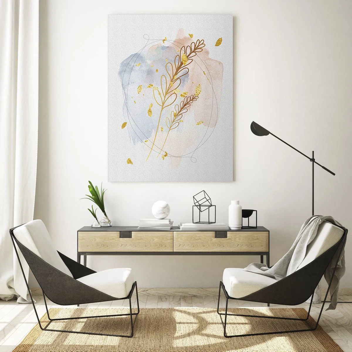 Quadro su vetro - Un delicato motivo a foglia dorata su uno sfondo pastello con dettagli acquerellati. - 80x120cm - Soffio d'oro - Decorazione murale moderna per soggiorno e camera da letto ARTTOR