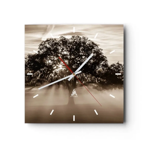 Orologio da parete - Orologio in Vetro - Raggi di sole che brillano attraverso un albero solitario - 30x30cm - L'albero delle sole buone notizie - Decorazione murale moderna per soggiorno e camera da letto ARTTOR
