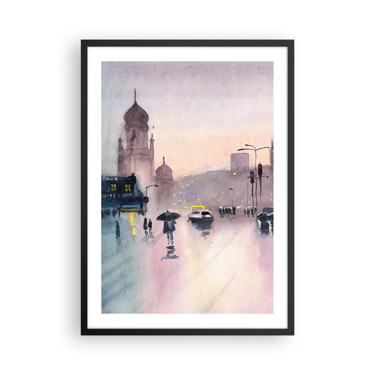 Poster in cornice nera - Scena cittadina con sagome di persone e luci nella nebbia della pioggia - 50x70cm - Nella nebbia piovigginosa - Decorazione murale moderna per soggiorno e camera da letto ARTTOR