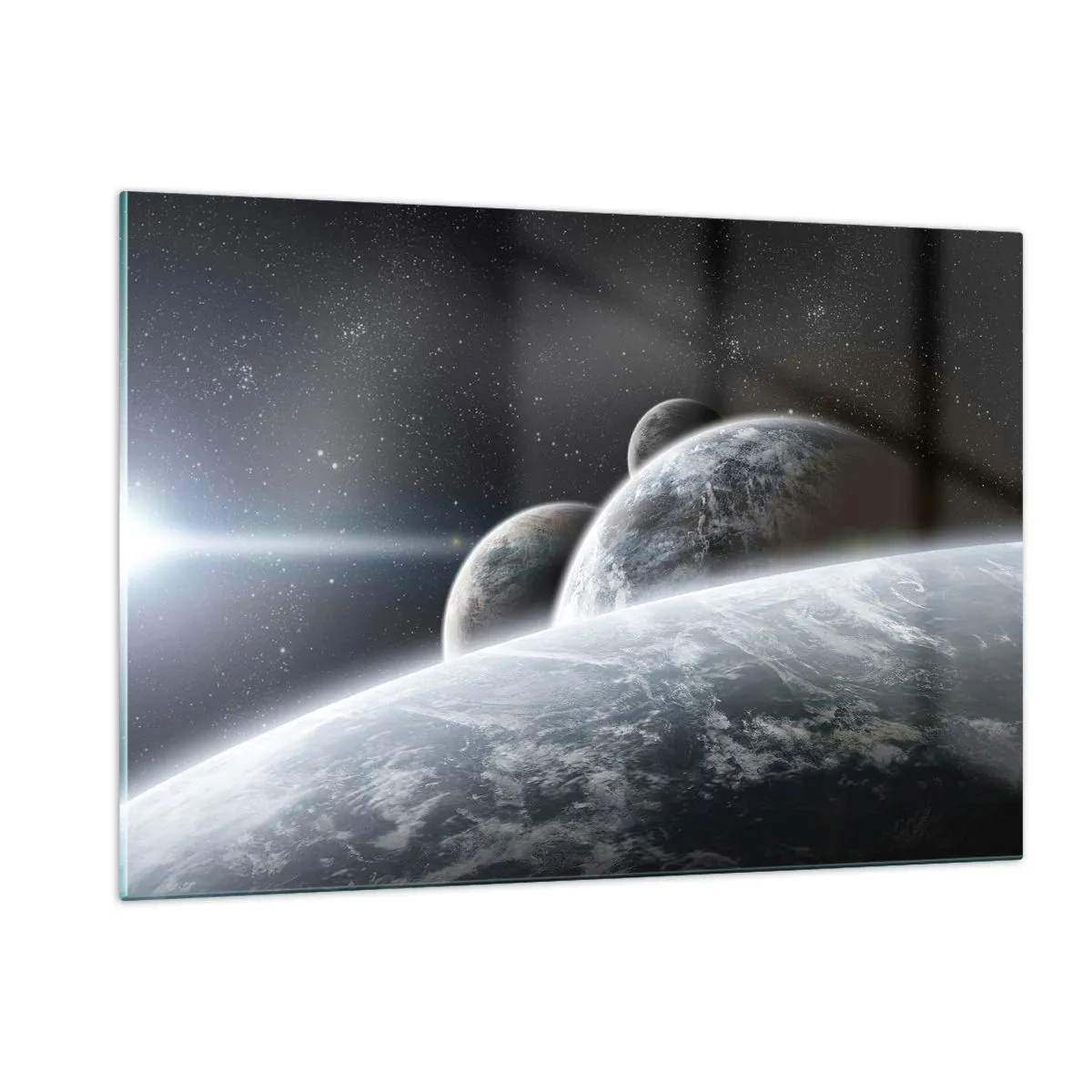 Quadro su vetro - Pianeti nello spazio con un raggio di luce - 120x80cm - La musica delle sfere celesti - Decorazione murale moderna per soggiorno e camera da letto ARTTOR