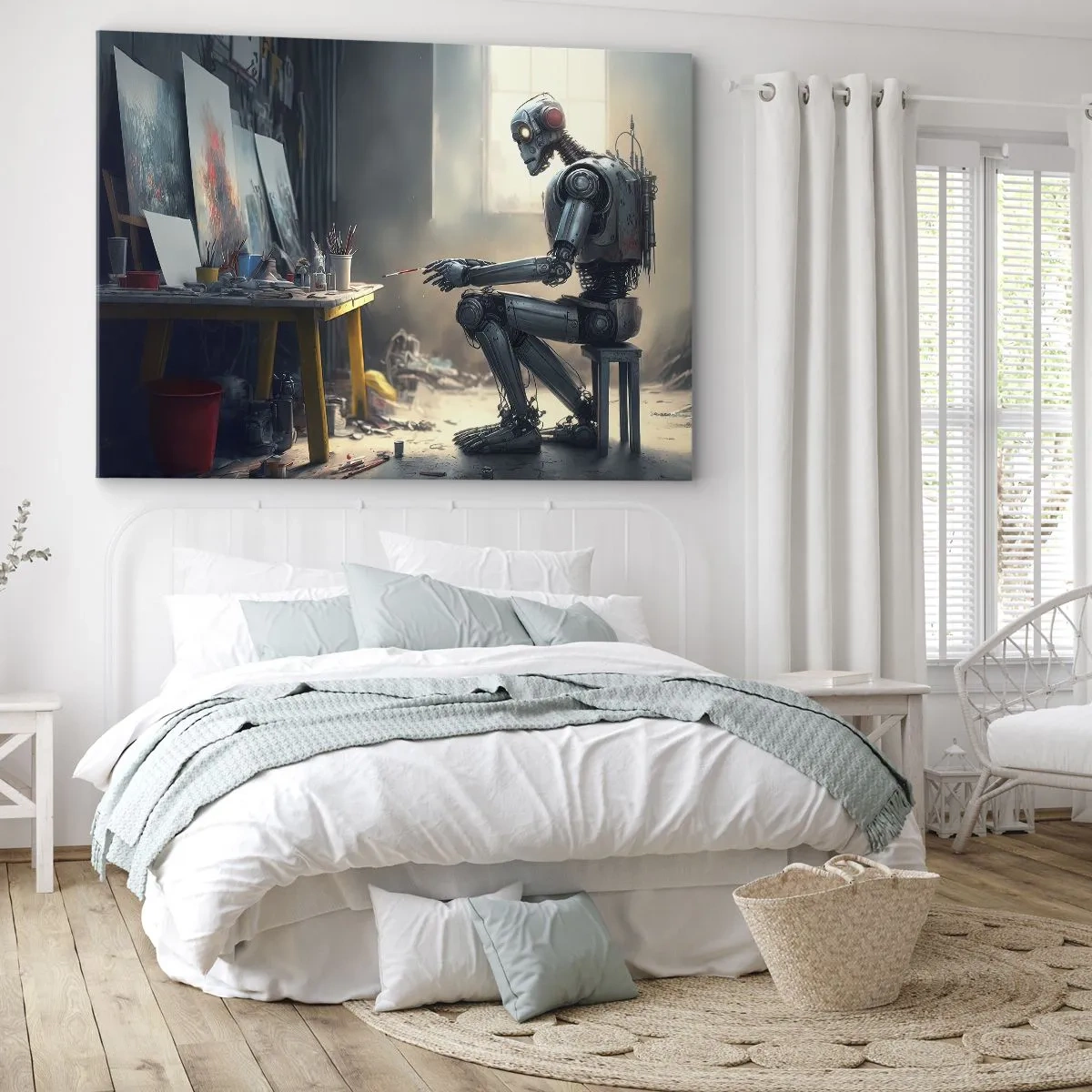 Quadro su tela - Stampe su Tela - Un robot che dipinge un quadro in uno studio d'arte - 70x50cm - Atto creativo - Decorazione murale moderna per soggiorno e camera da letto ARTTOR