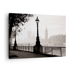 Quadro su tela - Stampe su Tela - Una vista monocromatica del Big Ben e del Tamigi. - 70x50cm - Un mattino a Londra - Decorazione murale moderna per soggiorno e camera da letto ARTTOR