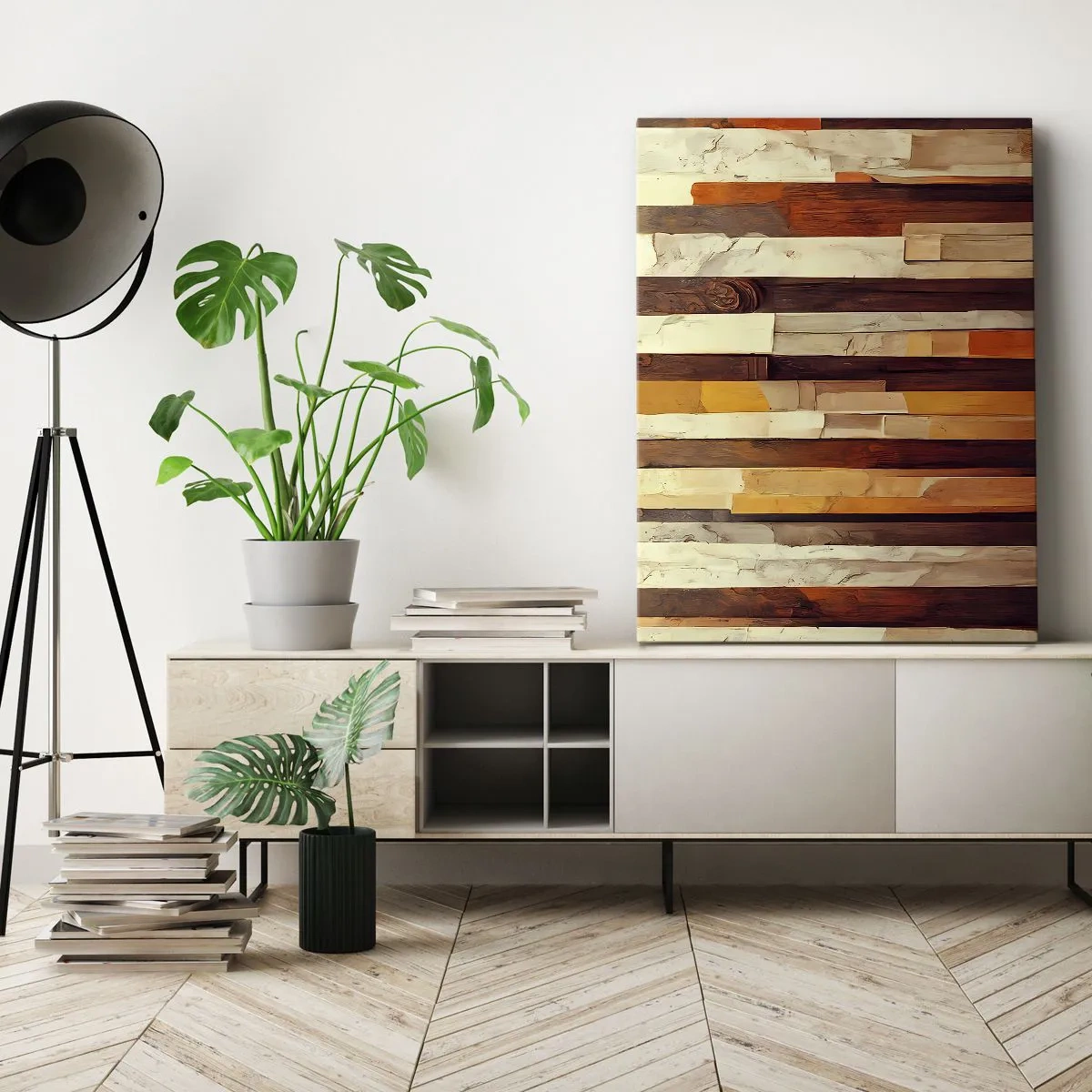 Quadro su tela - Stampe su Tela - Composizione geometrica nei toni del legno e dell'oro - 70x100cm - L'inno dei legni boschivi - Decorazione murale moderna per soggiorno e camera da letto ARTTOR