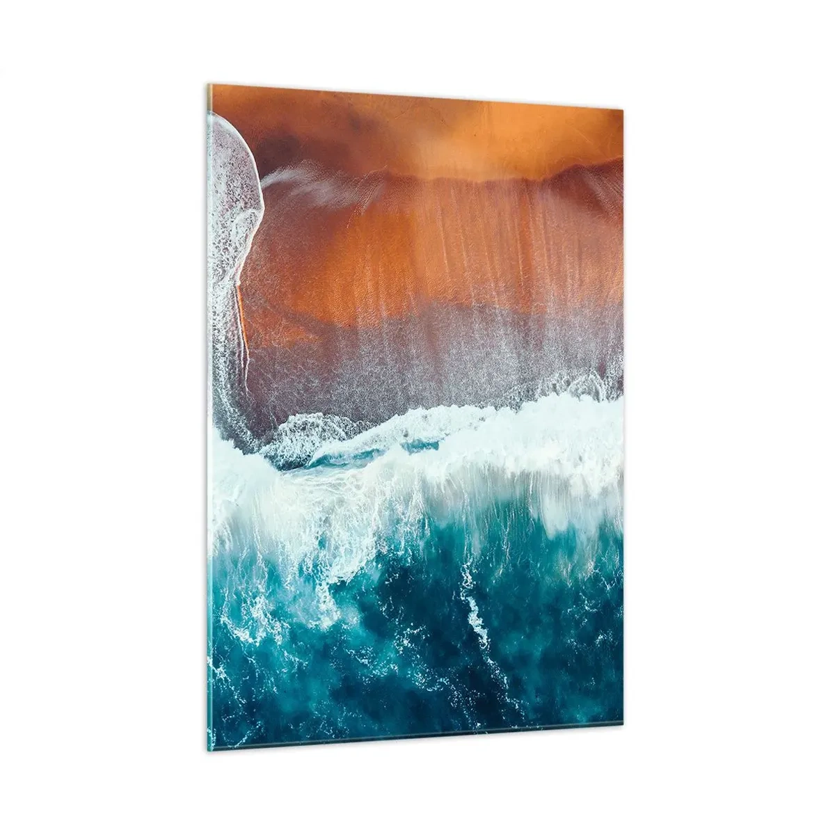 Quadro su vetro - Vista aerea della superficie dell'oceano e della riva della spiaggia - 50x70cm - Il tocco dell'oceano - Decorazione murale moderna per soggiorno e camera da letto ARTTOR