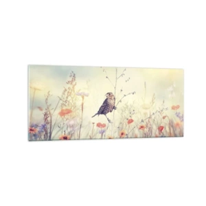 Quadro su vetro - Un uccello sullo sfondo di un prato colorato in colori pastello - 120x50cm - Ritratto d'uccello con prato di sfondo - Decorazione murale moderna per soggiorno e camera da letto ARTTOR