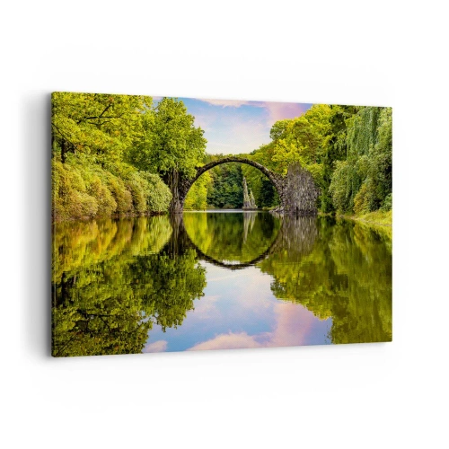 Quadro su tela - Stampe su Tela - Un ponte di pietra sopra un fiume con un riflesso perfetto nell'acqua - 120x80cm - All'incontro di due mondi - Decorazione murale moderna per soggiorno e camera da letto ARTTOR