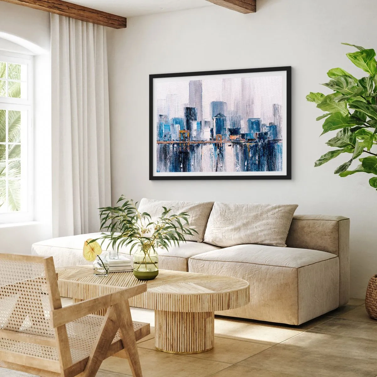 Poster in cornice nera - Panorama urbano astratto con sfumature di blu e giallo - 70x50cm - Impressione di New York - Decorazione murale moderna per soggiorno e camera da letto ARTTOR