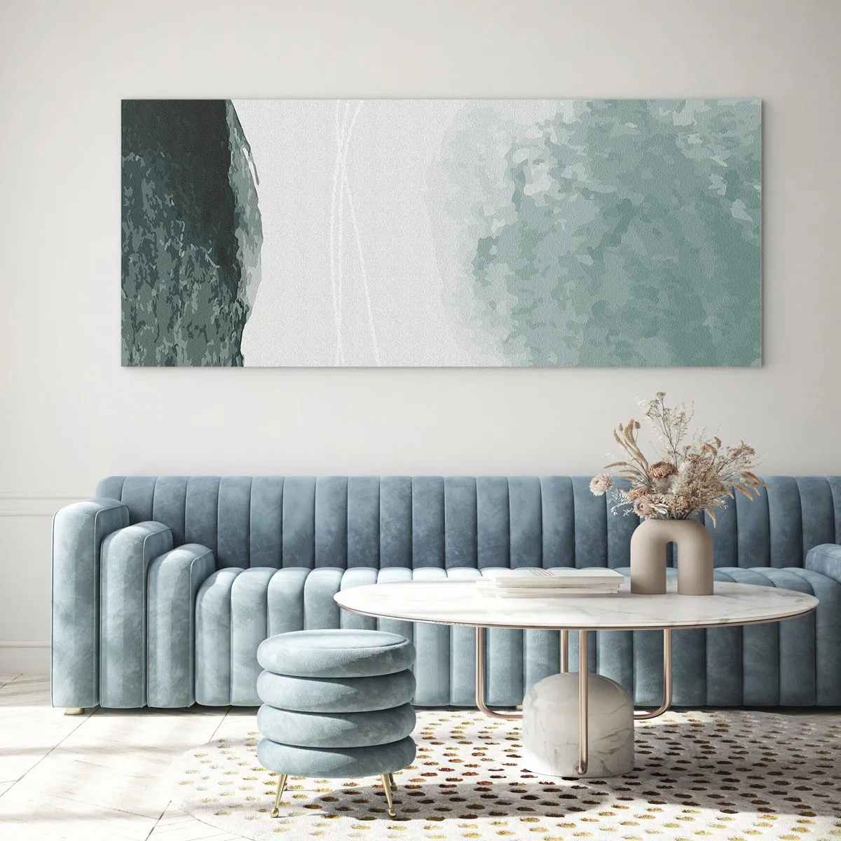 Quadro su vetro - Una delicata composizione astratta nelle tonalità del verde, con forme delicate su uno sfondo chiaro. - 120x50cm - Incontro con la nebbia - Decorazione murale moderna per soggiorno e camera da letto ARTTOR