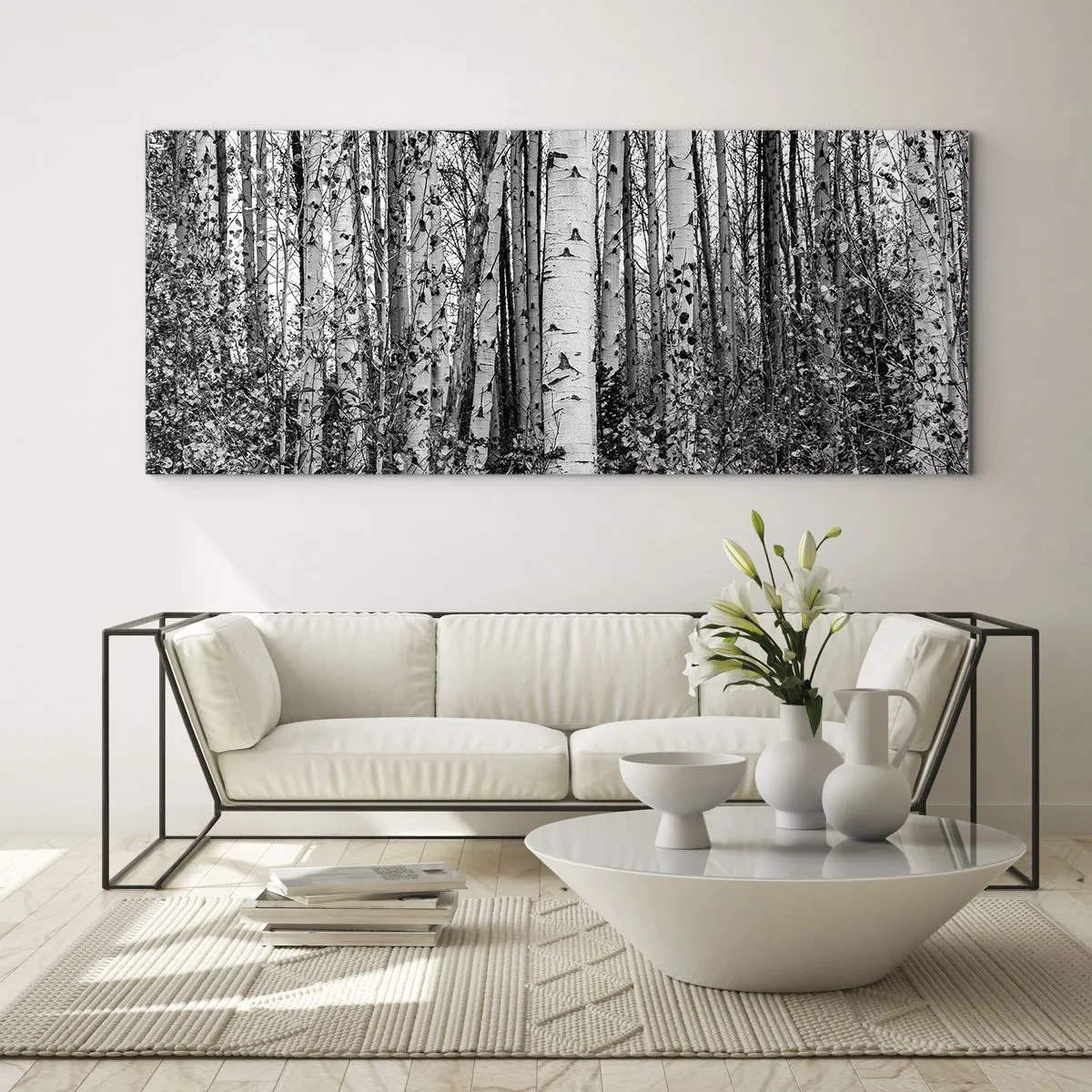 Quadro su vetro - Betulle bianche e nere nella foresta - 140x50cm - Colonnato di betulle - Decorazione murale moderna per soggiorno e camera da letto ARTTOR