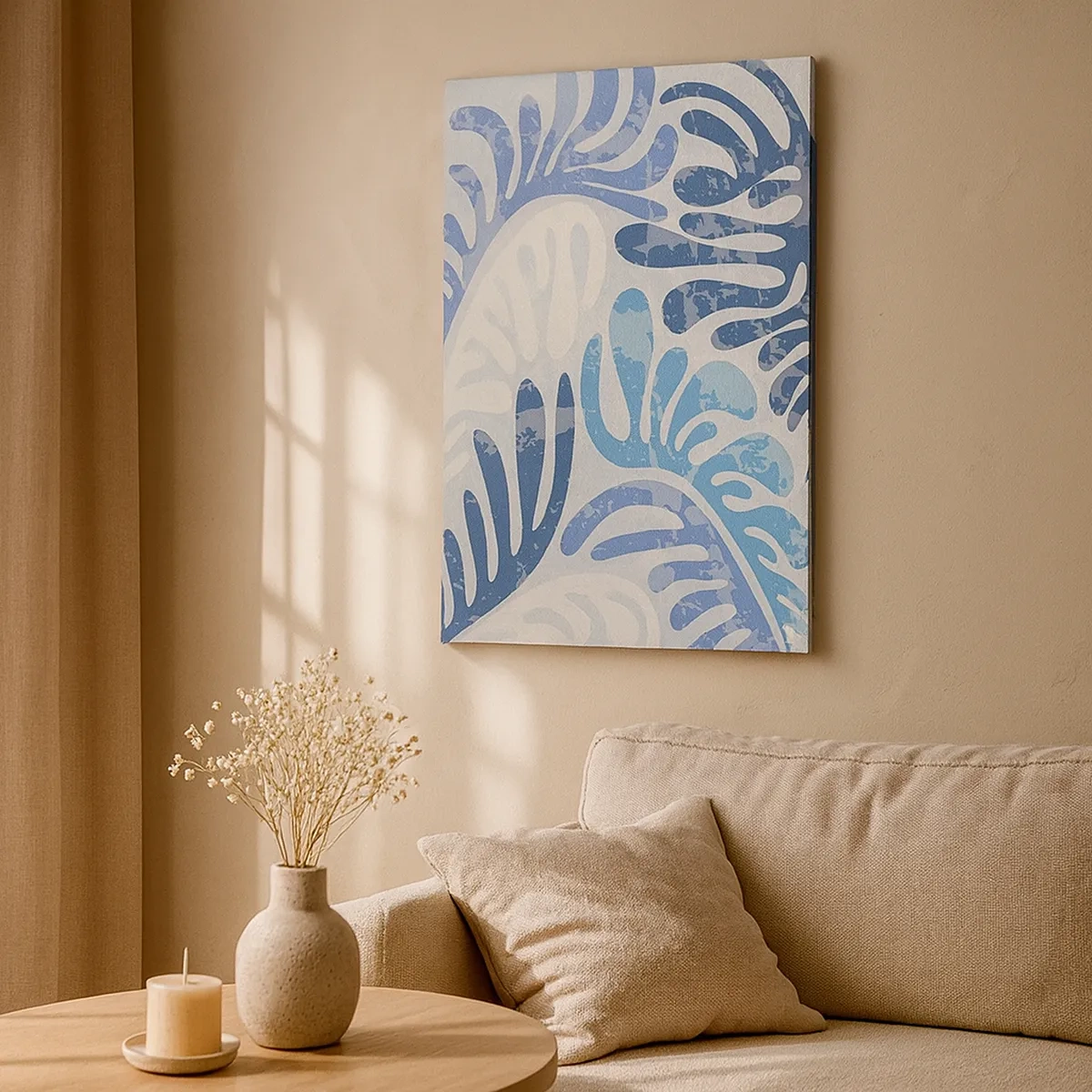Quadro su tela - Stampe su Tela - Forme astratte nelle tonalità del blu su sfondo bianco - 50x70cm - Felci blu - Decorazione murale moderna per soggiorno e camera da letto ARTTOR