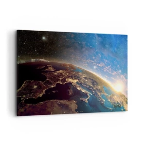Quadro su tela - Stampe su Tela - Vista della Terra dallo spazio all'alba - 120x80cm - Guardiamoci da lontano - Decorazione murale moderna per soggiorno e camera da letto ARTTOR