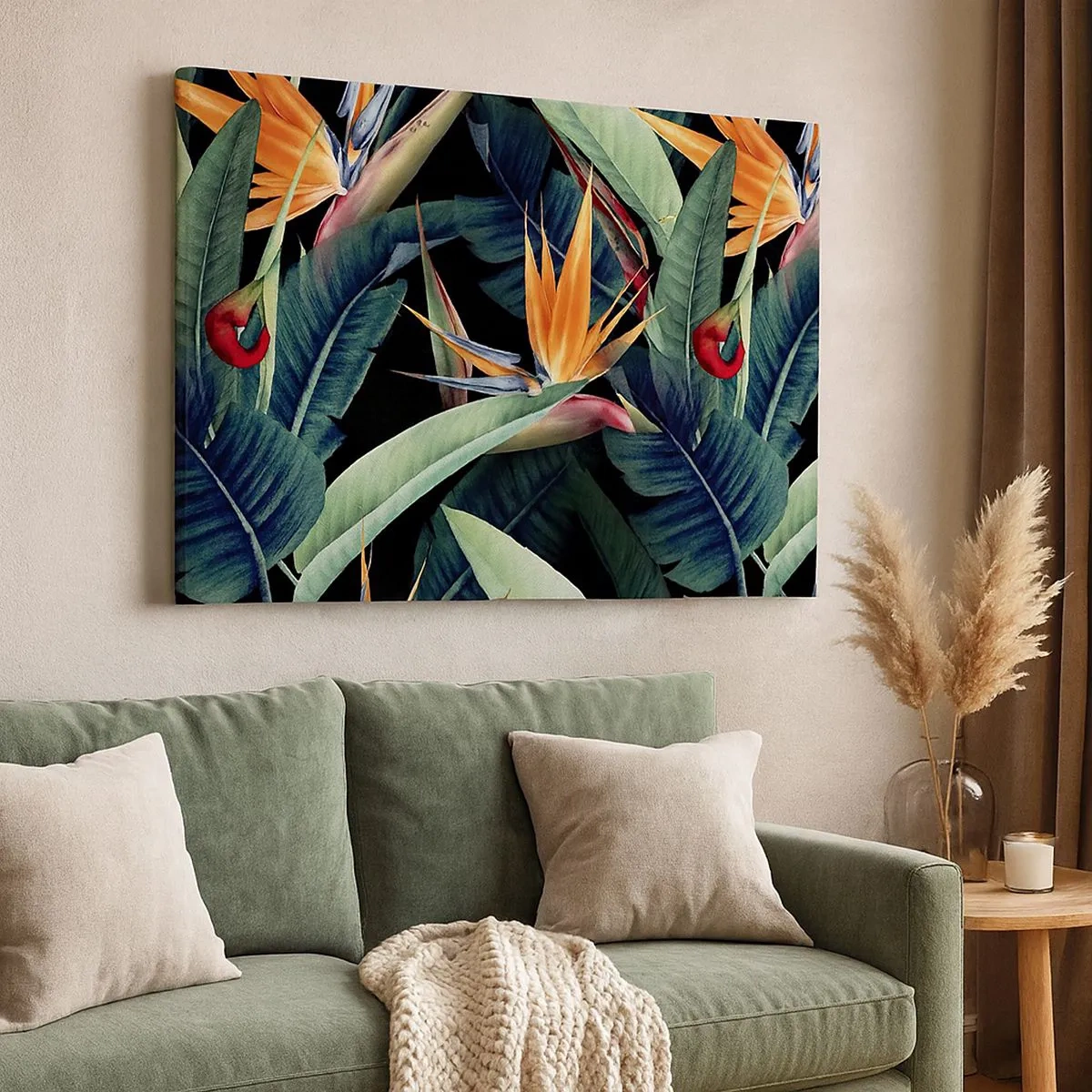 Quadro su tela - Stampe su Tela - Fiori e foglie tropicali su sfondo nero - 70x50cm - I fiori fiammeggianti dei tropici - Decorazione murale moderna per soggiorno e camera da letto ARTTOR