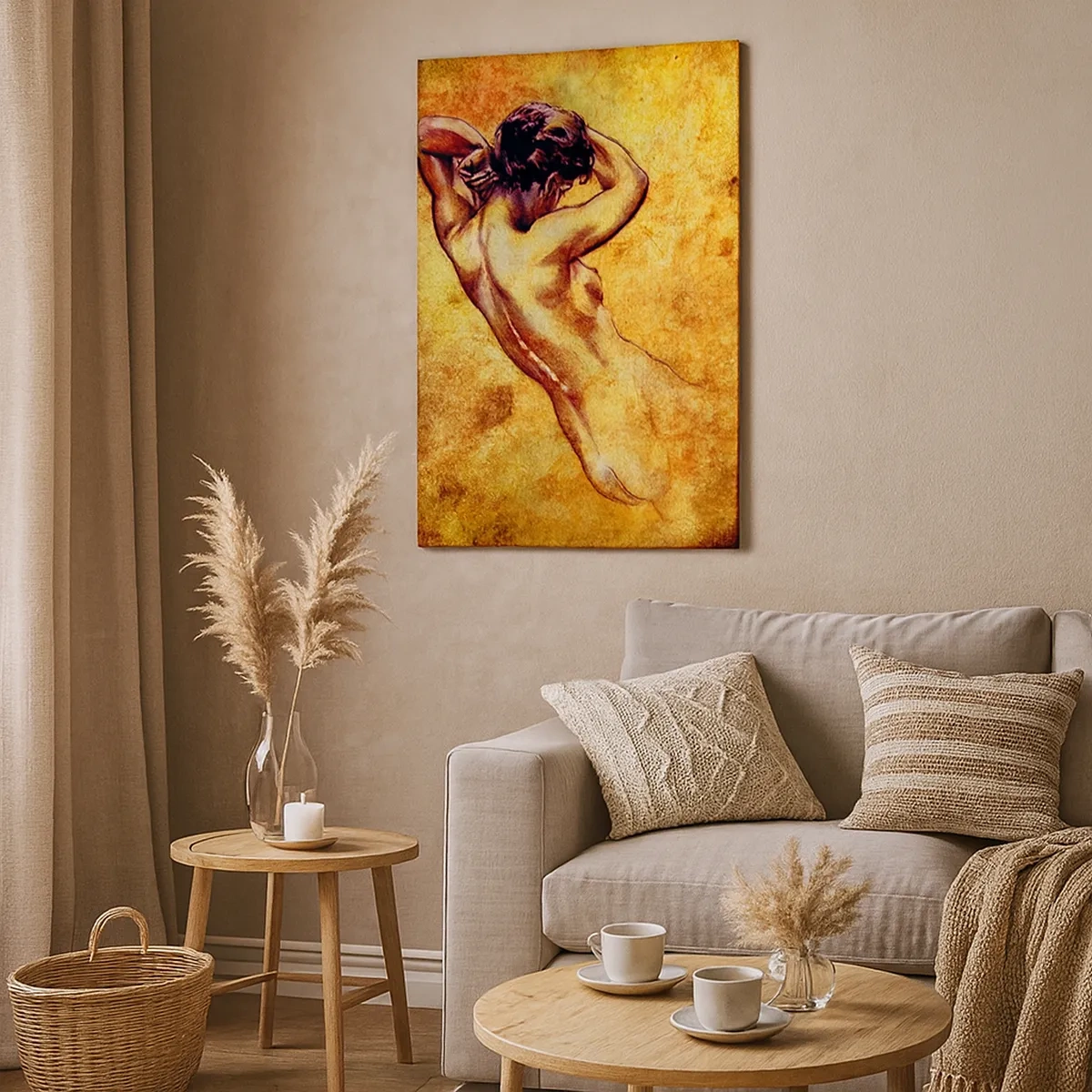 Quadro su tela - Stampe su Tela - Nudo femminile artistico su sfondo dorato in stile classico - 50x70cm - Nuda, ma sempre misteriosa - Decorazione murale moderna per soggiorno e camera da letto ARTTOR