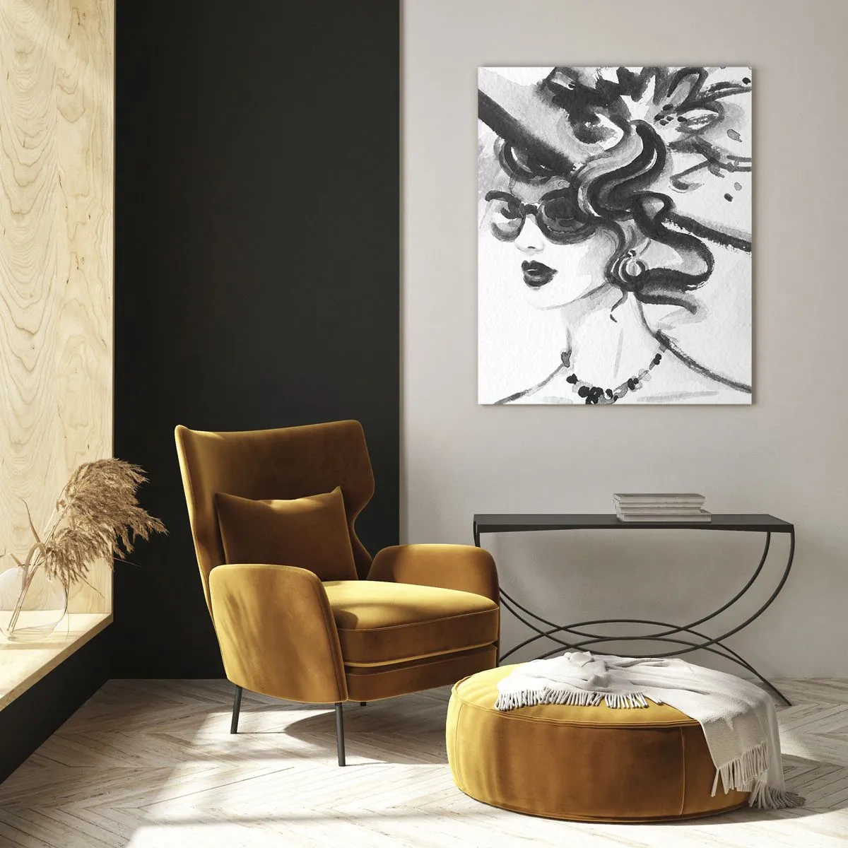 Quadro su vetro - Ritratto in bianco e nero di una donna che indossa un cappello - 50x70cm - Donna di carattere - Decorazione murale moderna per soggiorno e camera da letto ARTTOR