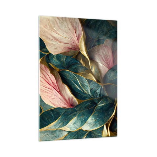 Quadro su vetro - Foglie verdi e rosa con accenti dorati - 50x70cm - Stile ed eleganza naturali - Decorazione murale moderna per soggiorno e camera da letto ARTTOR