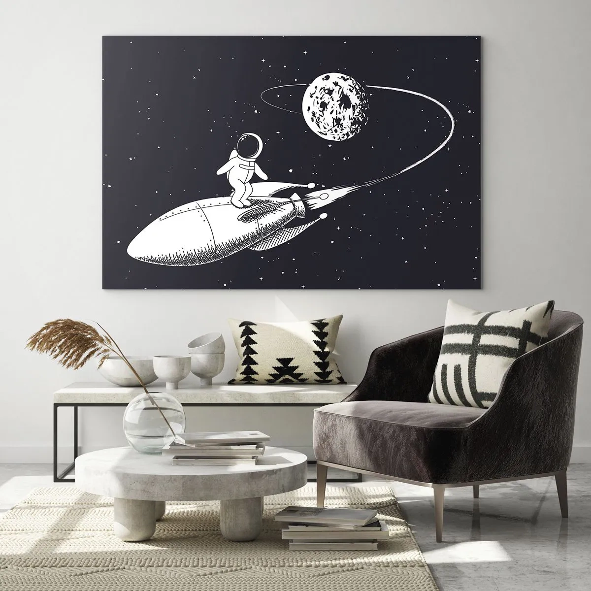 Quadro su vetro - Astronauta dei cartoni animati che fa surf nello spazio su un razzo - 100x70cm - Surfista spaziale - Decorazione murale moderna per soggiorno e camera da letto ARTTOR